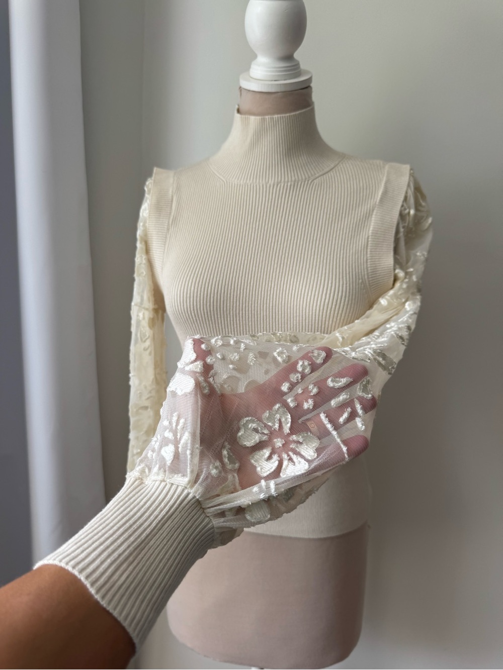 French Connection Cream Mock Neck Ribbed Top with Sheer Floral Lace Sleeves